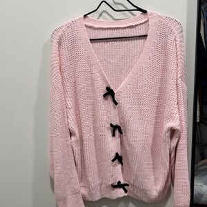 Pink Knit Sweater with Black Bow Accents